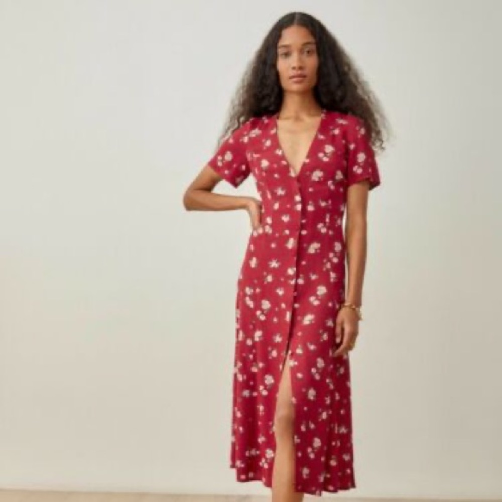 Reformation Locklin Floral Midi Dress Cassia (Red) Size 0